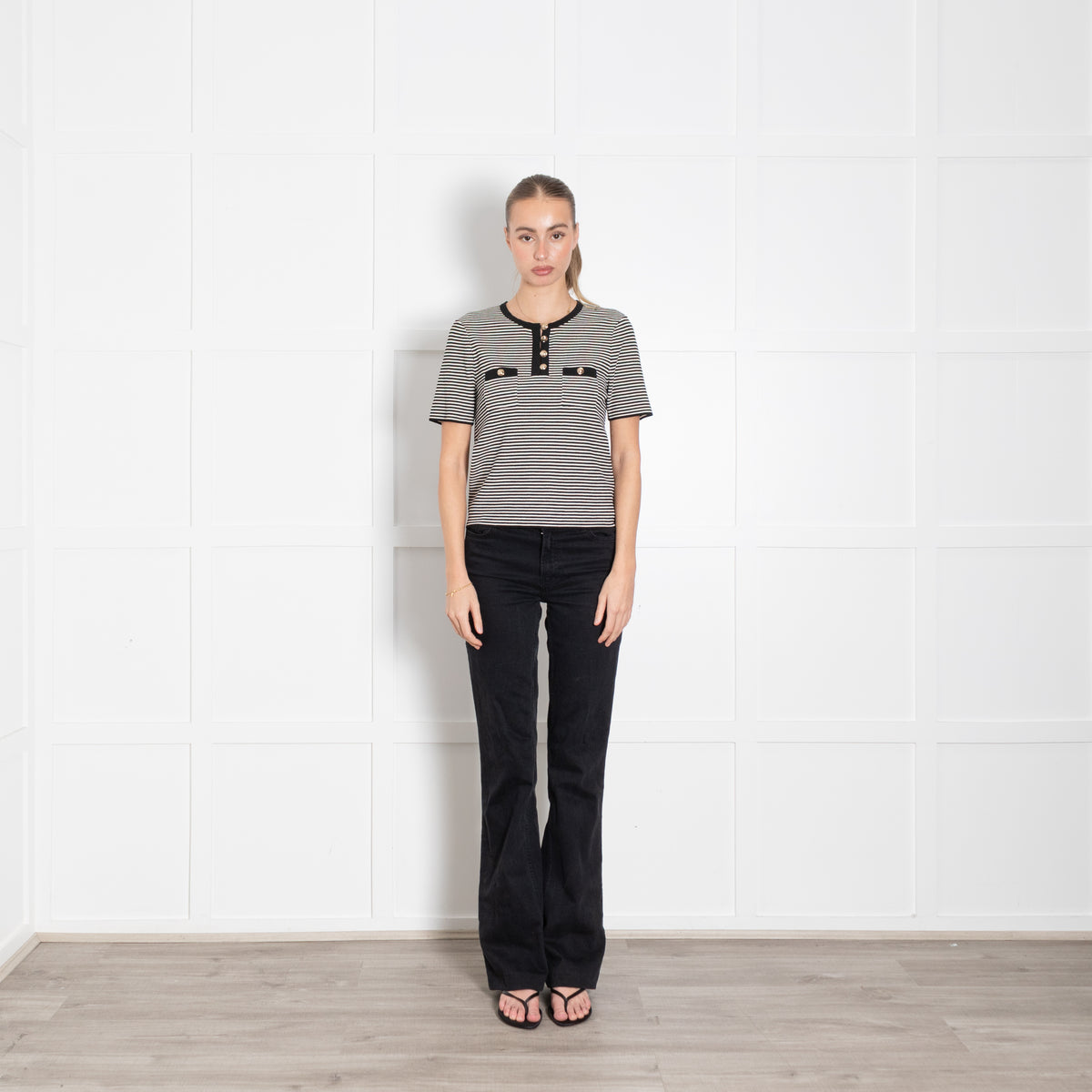 Sandro Black And Cream Stripe Short Sleeve Top With Gold Buttons
