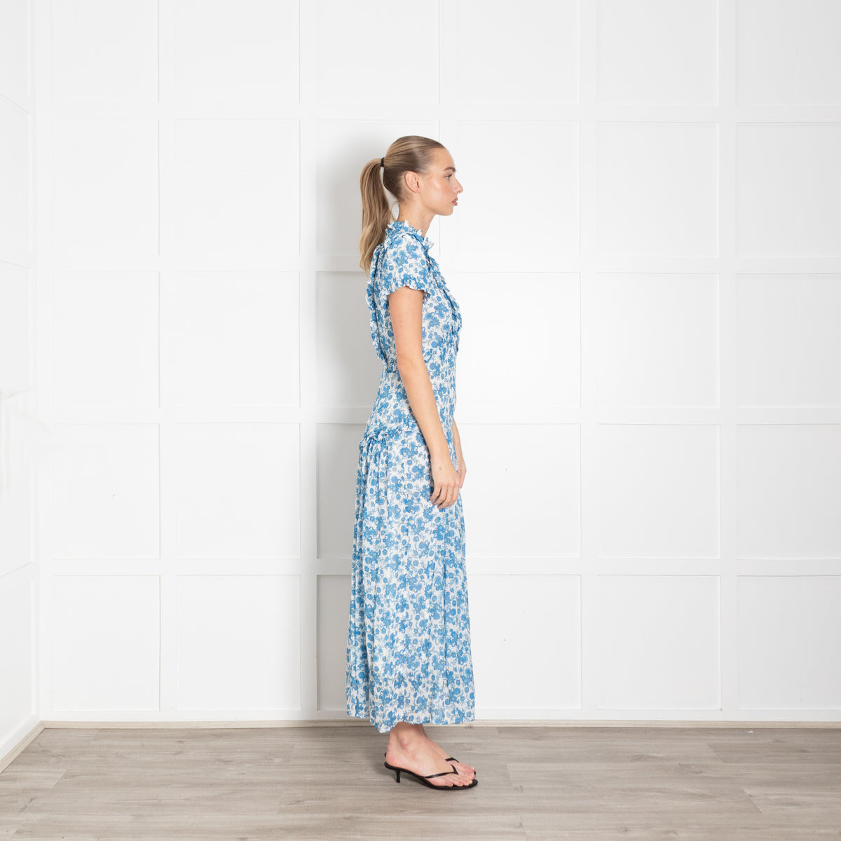 Cefinn Blue and White Floral High Neck Midi Dress