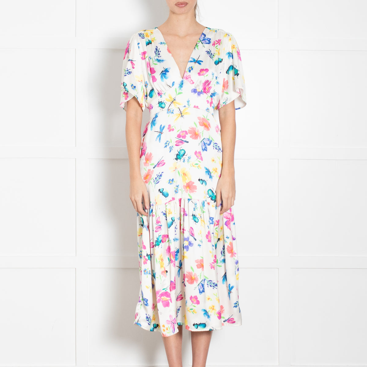 Sirens White Silk Flared Sleeve Floral Imelda Dress