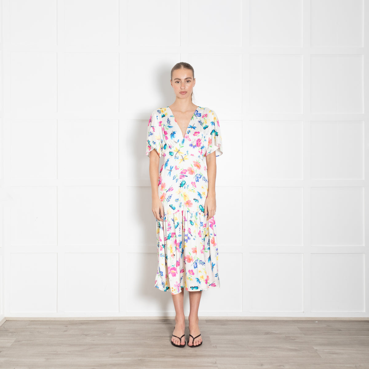 Sirens White Silk Flared Sleeve Floral Imelda Dress