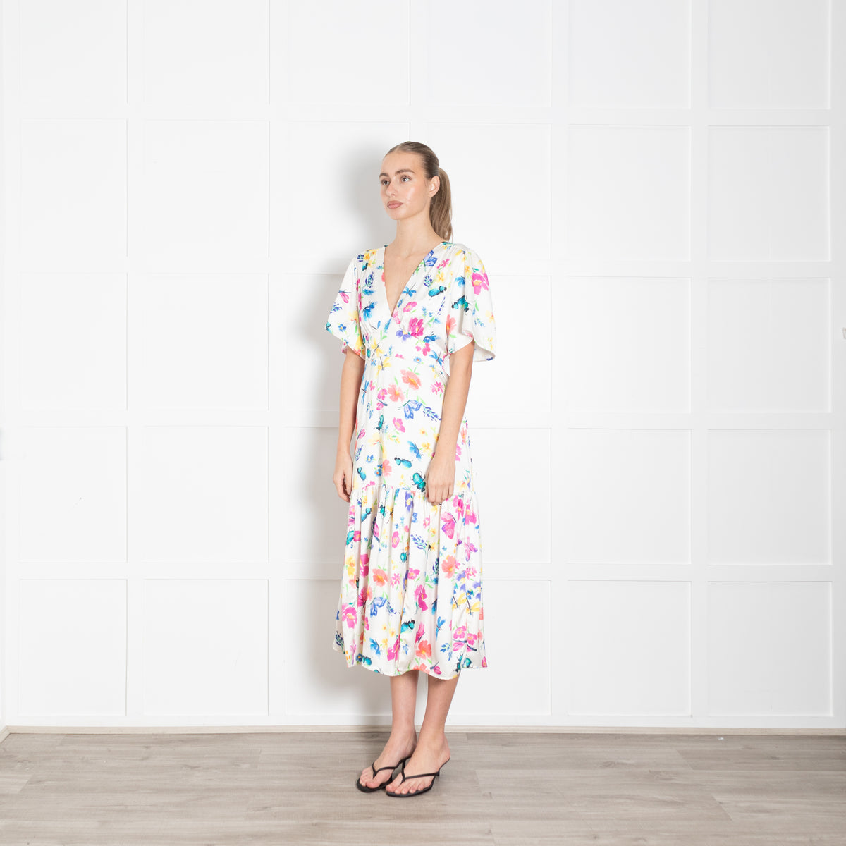 Sirens White Silk Flared Sleeve Floral Imelda Dress