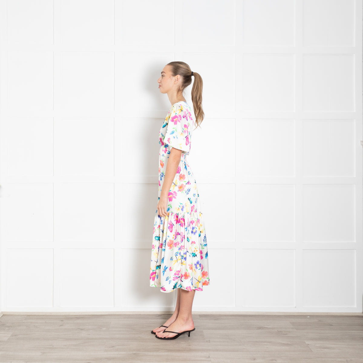 Sirens White Silk Flared Sleeve Floral Imelda Dress