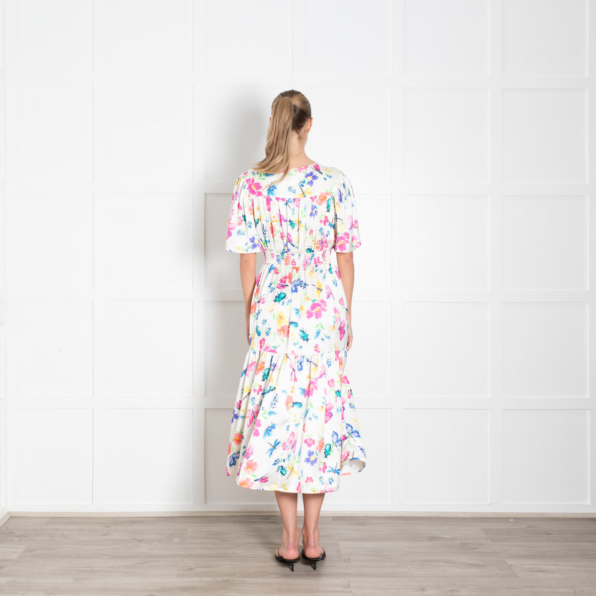 Sirens White Silk Flared Sleeve Floral Imelda Dress