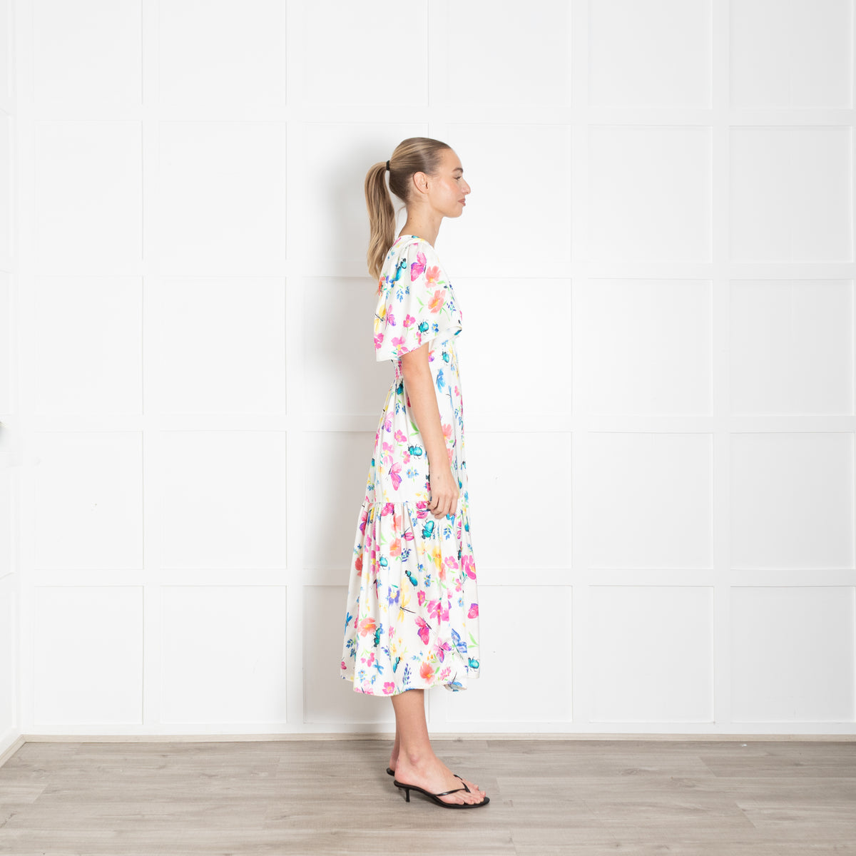 Sirens White Silk Flared Sleeve Floral Imelda Dress