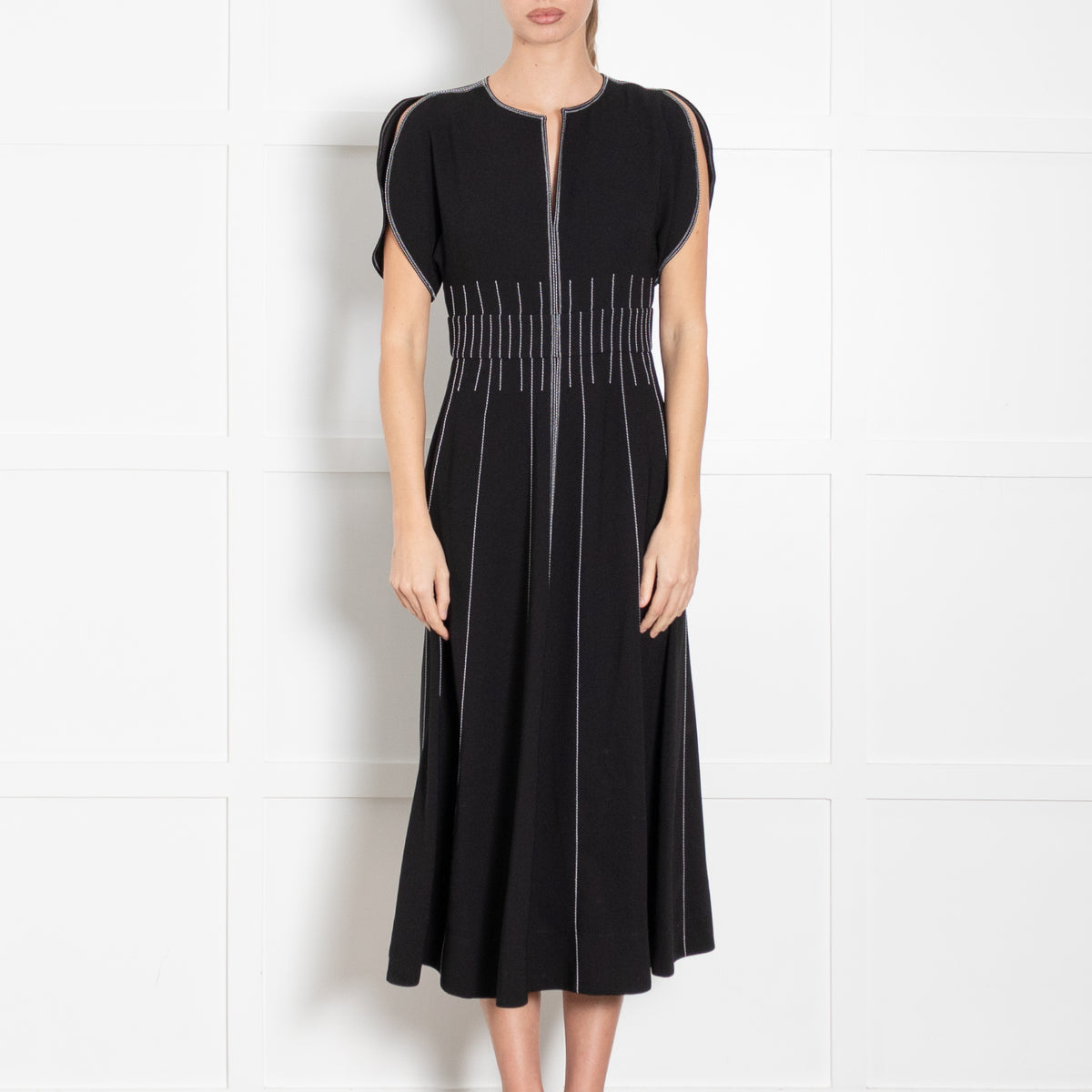 Me + Em Black Contrast Stitch Gathered Waist Midi Dress