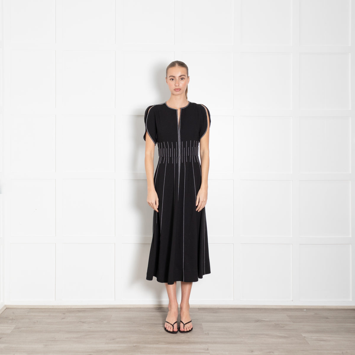 Me + Em Black Contrast Stitch Gathered Waist Midi Dress