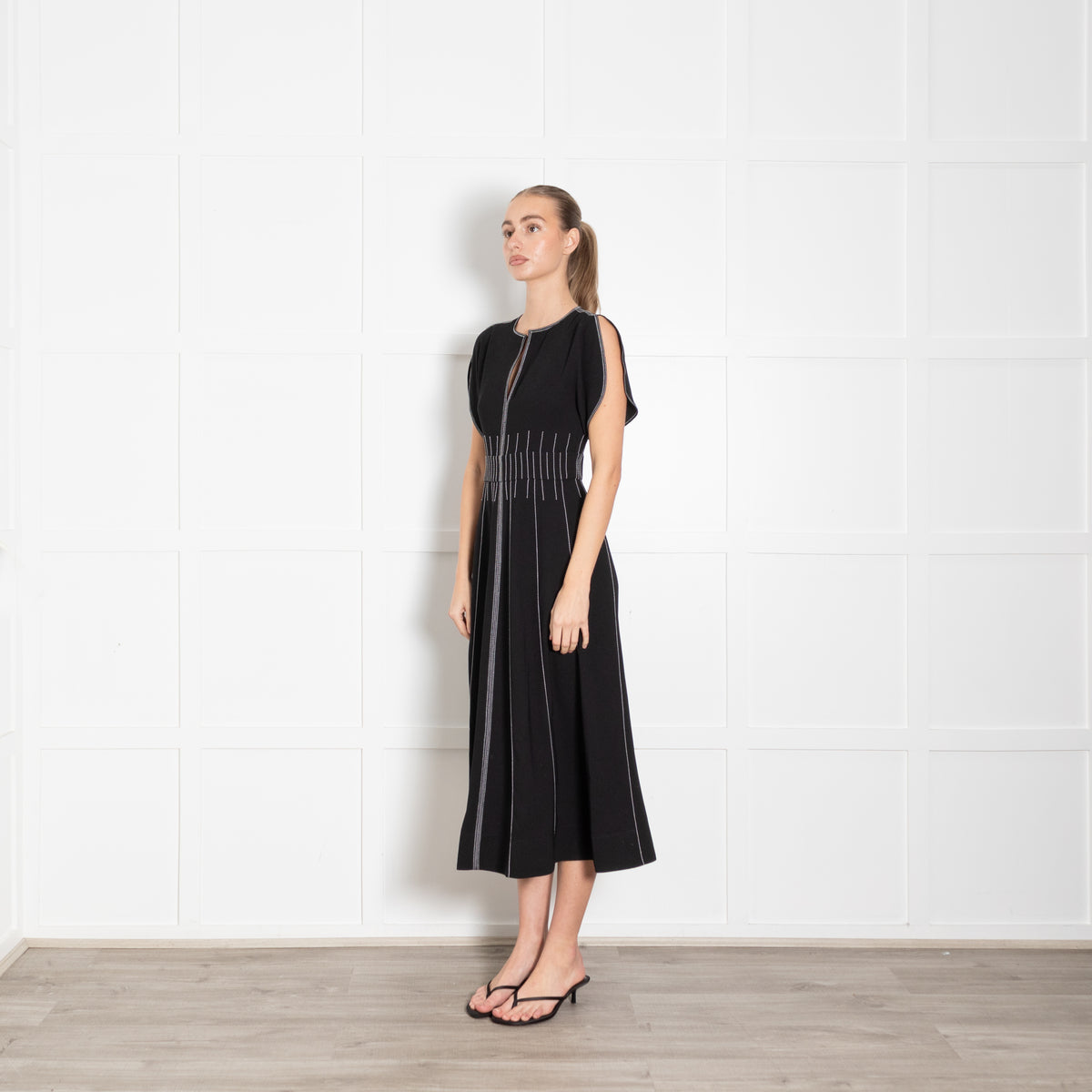 Me + Em Black Contrast Stitch Gathered Waist Midi Dress