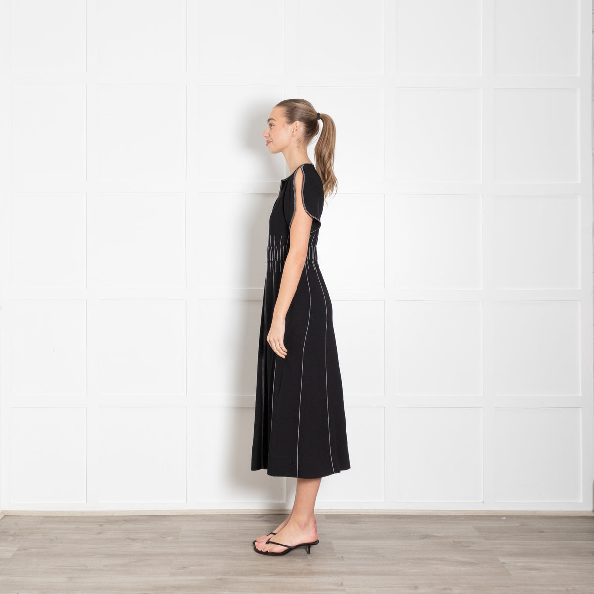 Me + Em Black Contrast Stitch Gathered Waist Midi Dress