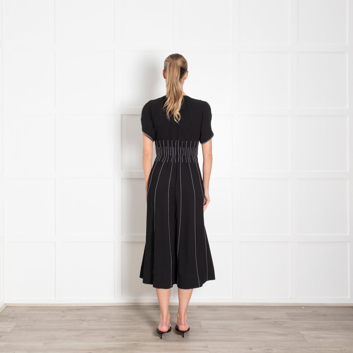 Me + Em Black Contrast Stitch Gathered Waist Midi Dress