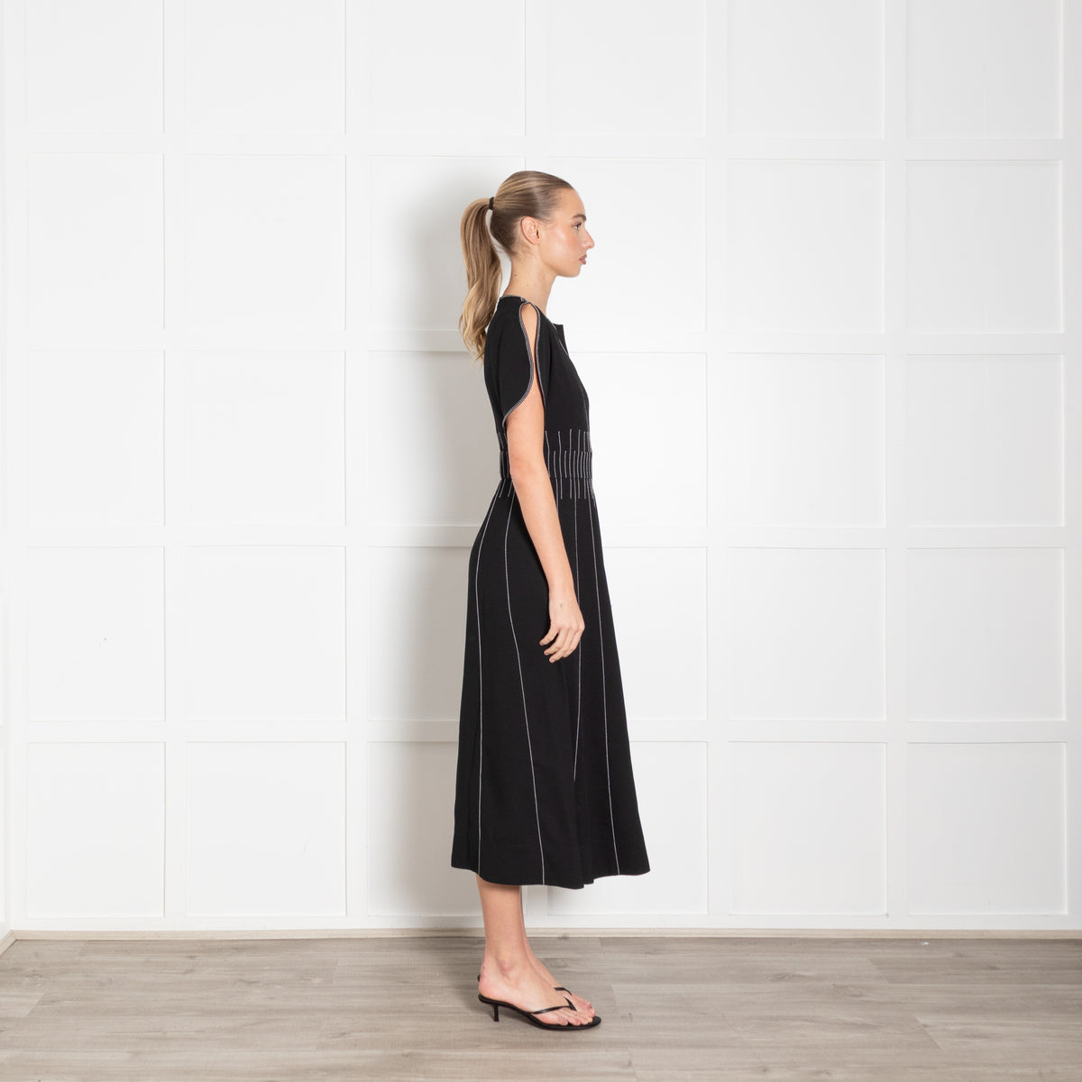 Me + Em Black Contrast Stitch Gathered Waist Midi Dress