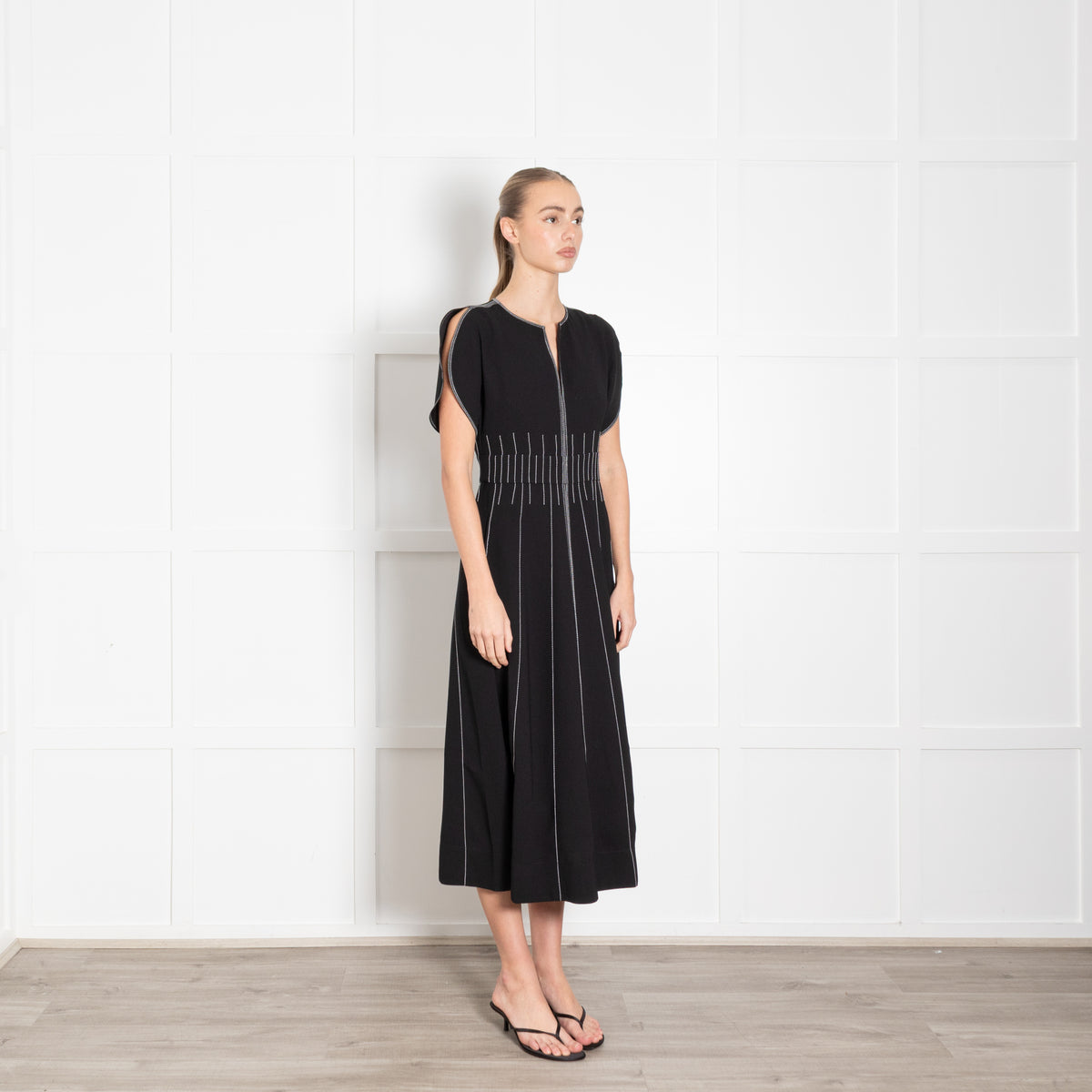 Me + Em Black Contrast Stitch Gathered Waist Midi Dress