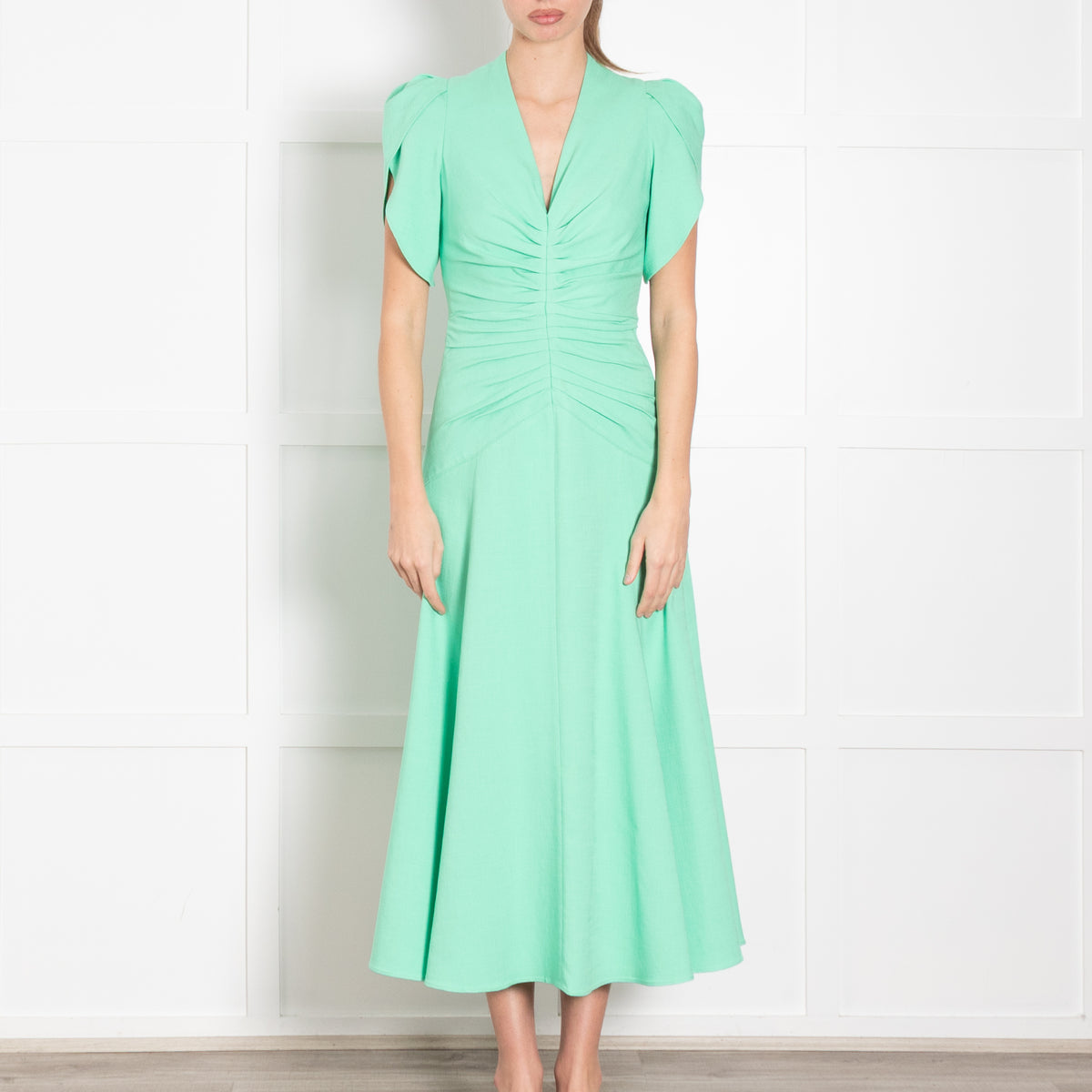 Me + Em Green Gathered Waist Midi Dress with Cap Sleeves