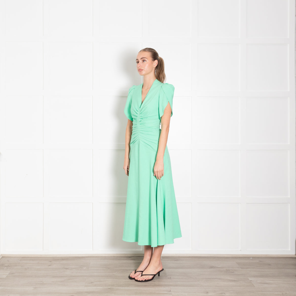 Me + Em Green Gathered Waist Midi Dress with Cap Sleeves