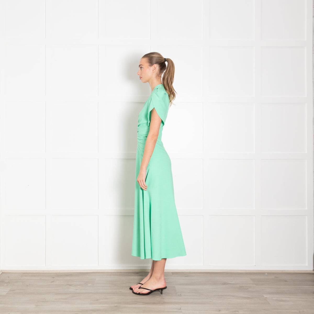 Me + Em Green Gathered Waist Midi Dress with Cap Sleeves