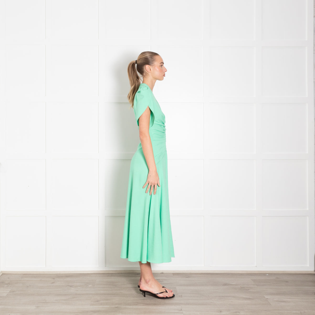 Me + Em Green Gathered Waist Midi Dress with Cap Sleeves