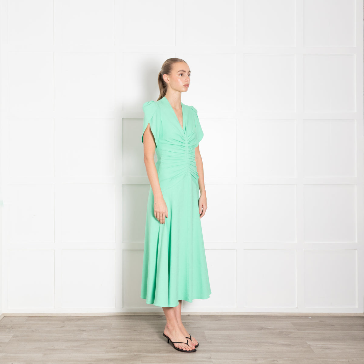 Me + Em Green Gathered Waist Midi Dress with Cap Sleeves