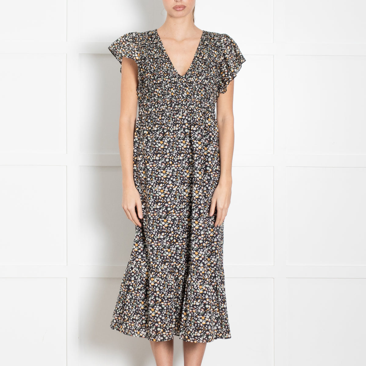 Rails Black Micro Floral Clementine Frill Shoulder Dress