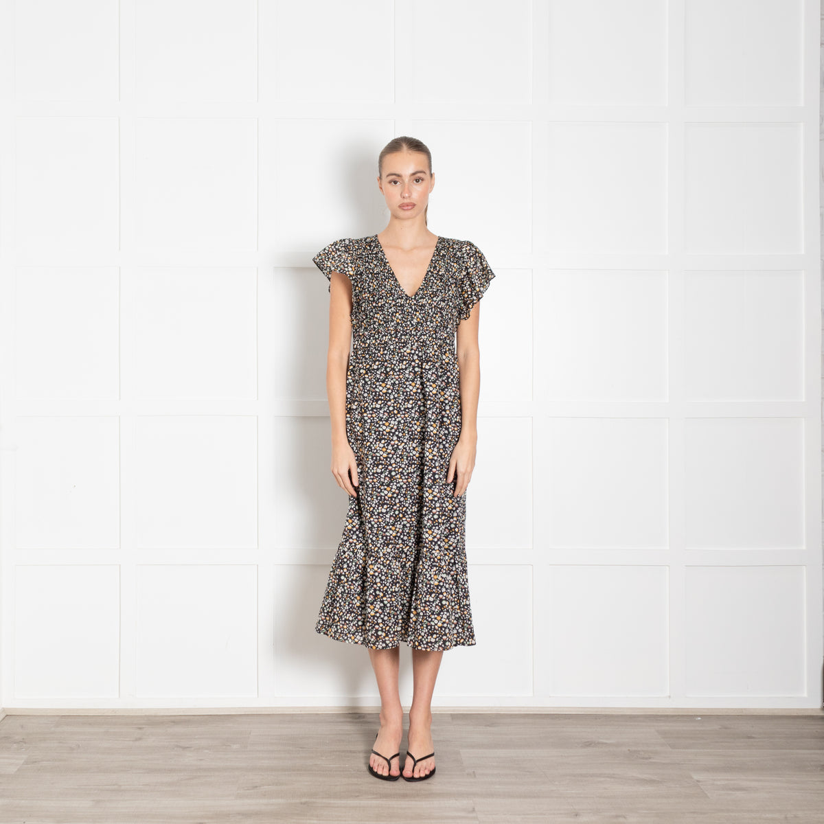 Rails Black Micro Floral Clementine Frill Shoulder Dress