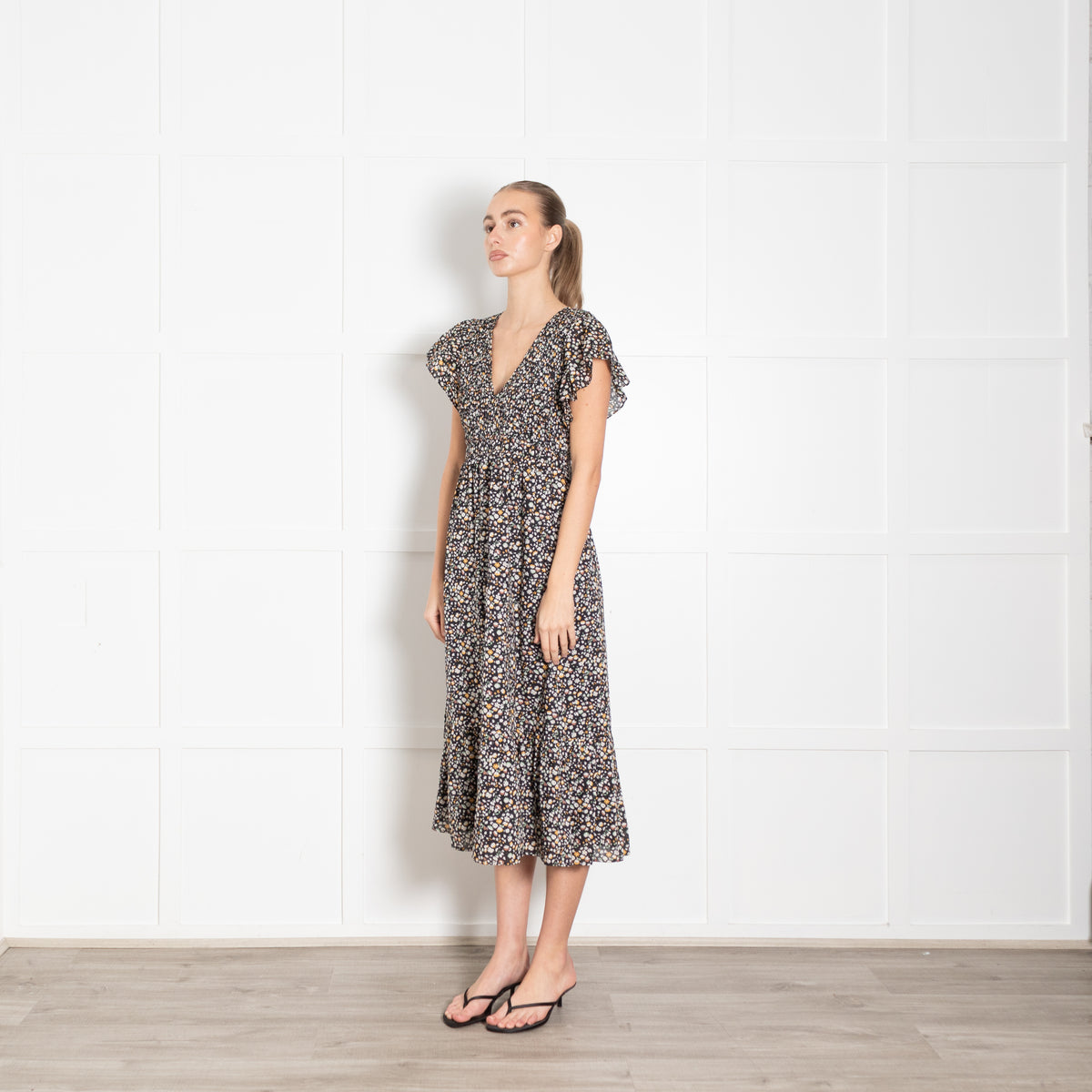 Rails Black Micro Floral Clementine Frill Shoulder Dress