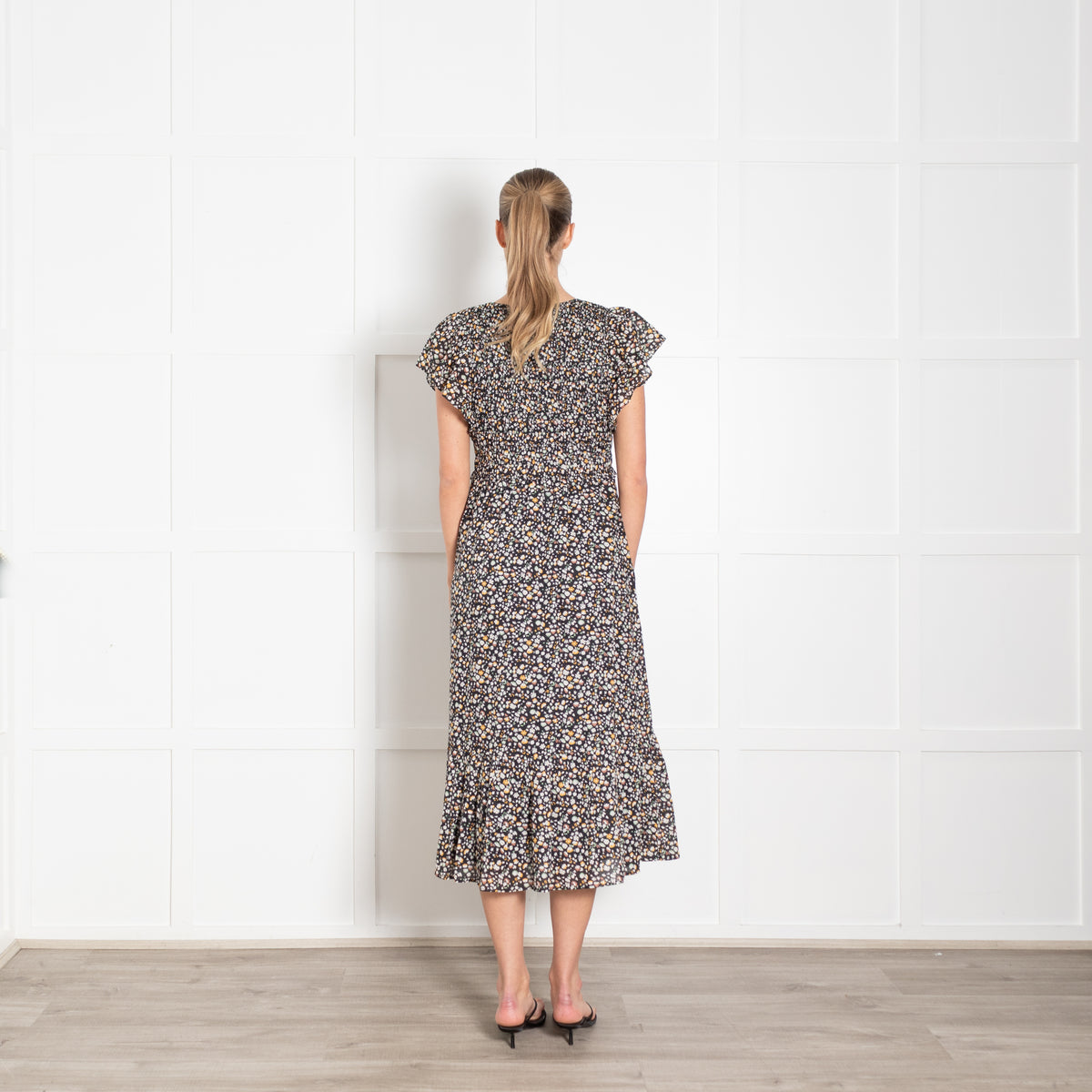 Rails Black Micro Floral Clementine Frill Shoulder Dress