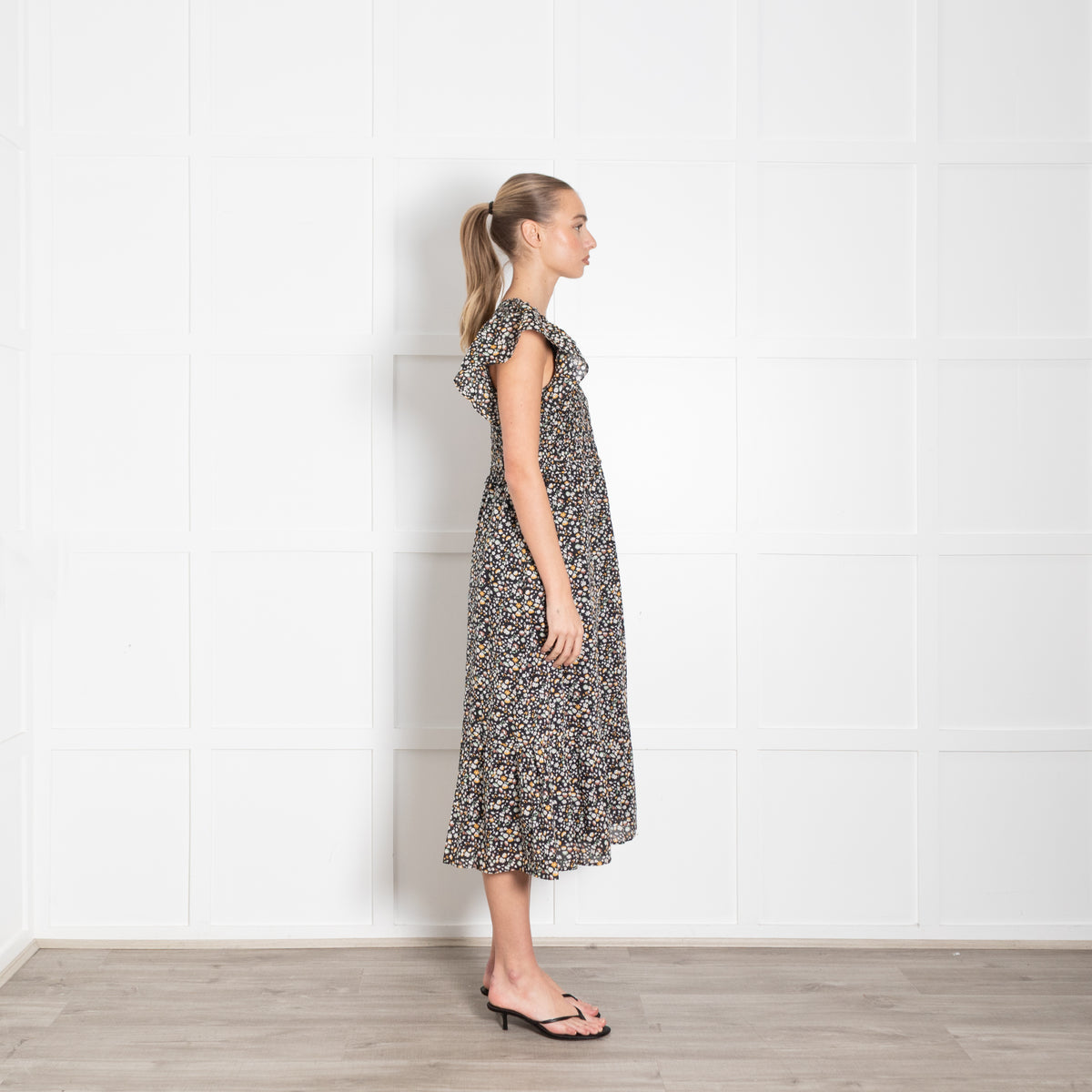 Rails Black Micro Floral Clementine Frill Shoulder Dress