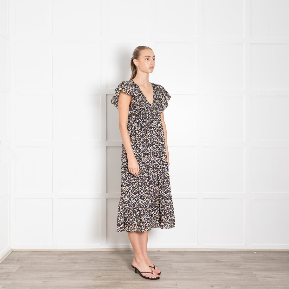 Rails Black Micro Floral Clementine Frill Shoulder Dress
