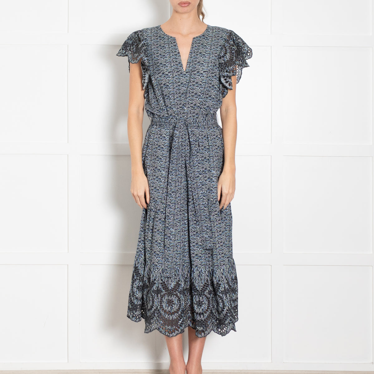 Rails Blue Micro Floral Frill Shoulder Midi Dress