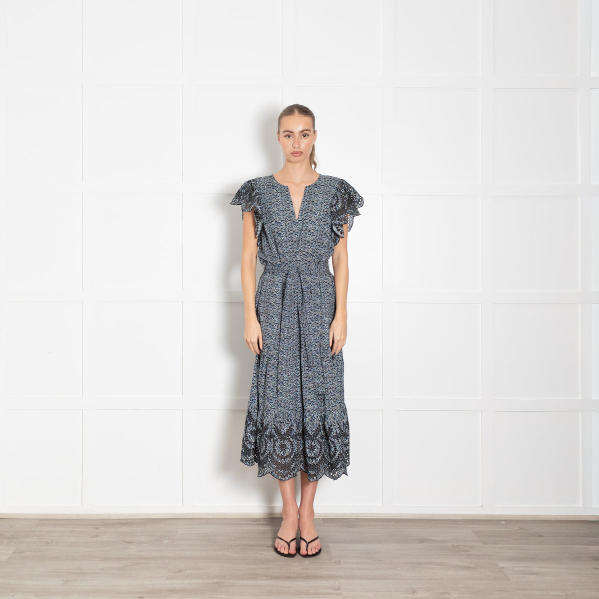 Rails Blue Micro Floral Frill Shoulder Midi Dress