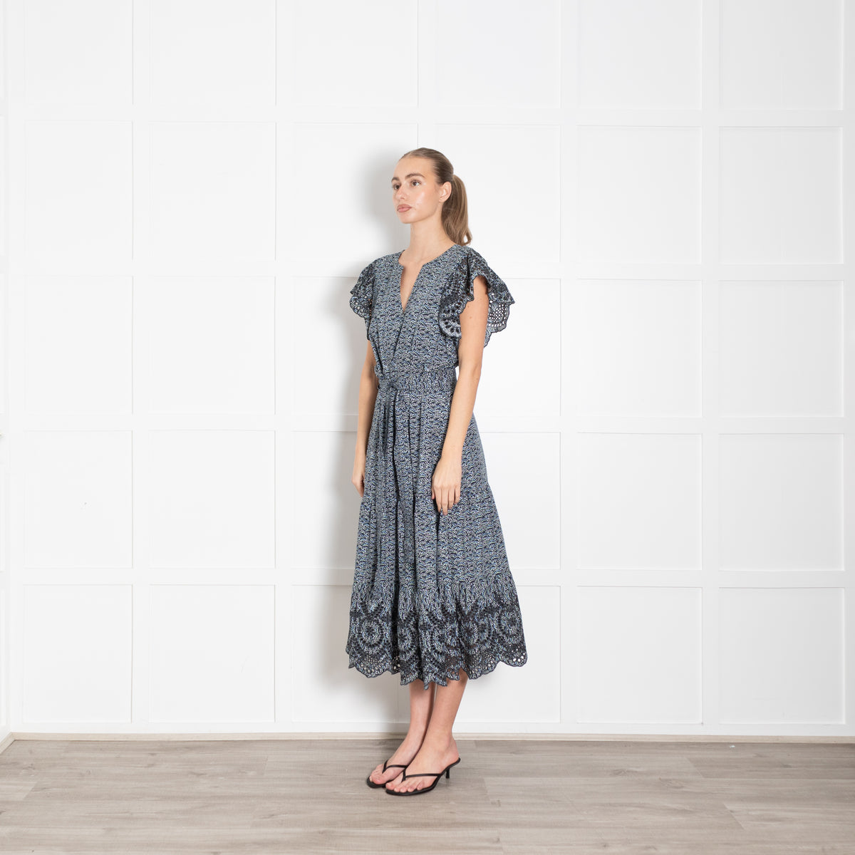 Rails Blue Micro Floral Frill Shoulder Midi Dress