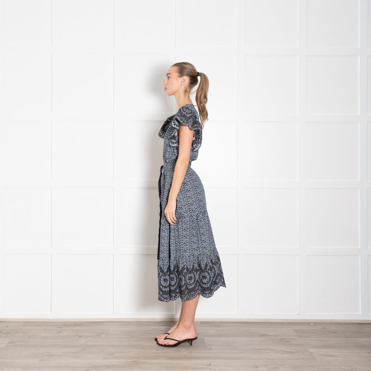 Rails Blue Micro Floral Frill Shoulder Midi Dress