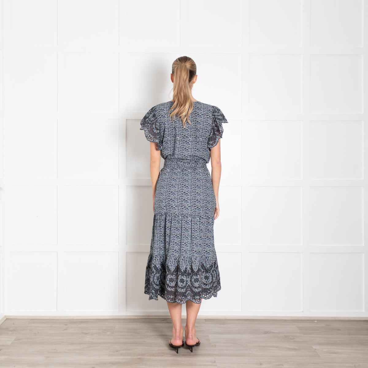 Rails Blue Micro Floral Frill Shoulder Midi Dress
