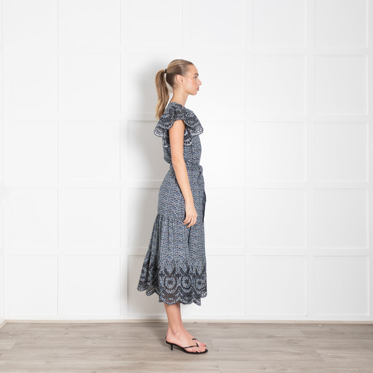Rails Blue Micro Floral Frill Shoulder Midi Dress