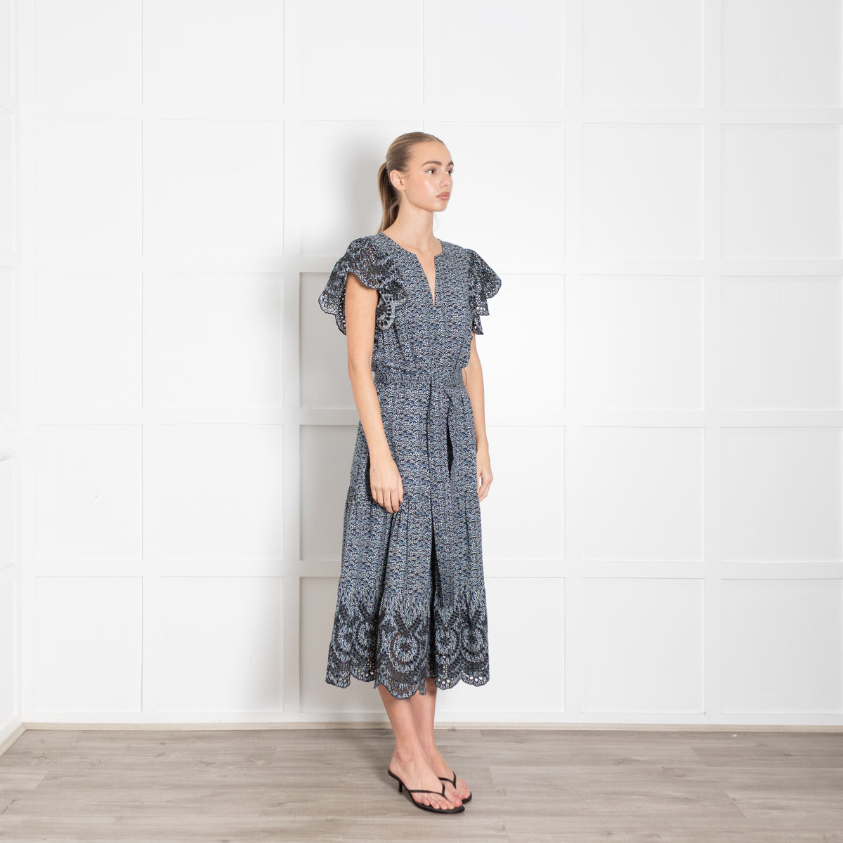Rails Blue Micro Floral Frill Shoulder Midi Dress