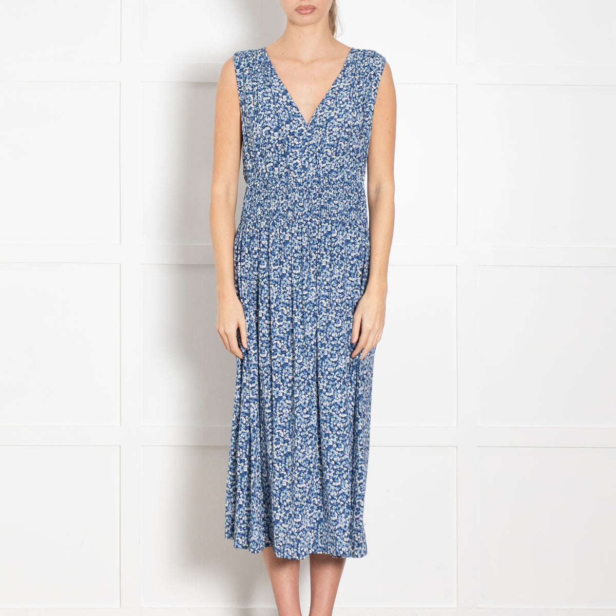 Rails Blue Floral Smock Waist Midi Dress