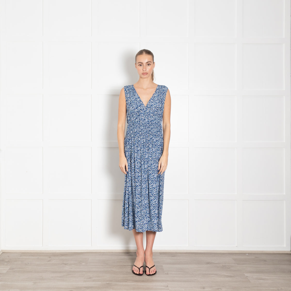 Rails Blue Floral Smock Waist Midi Dress
