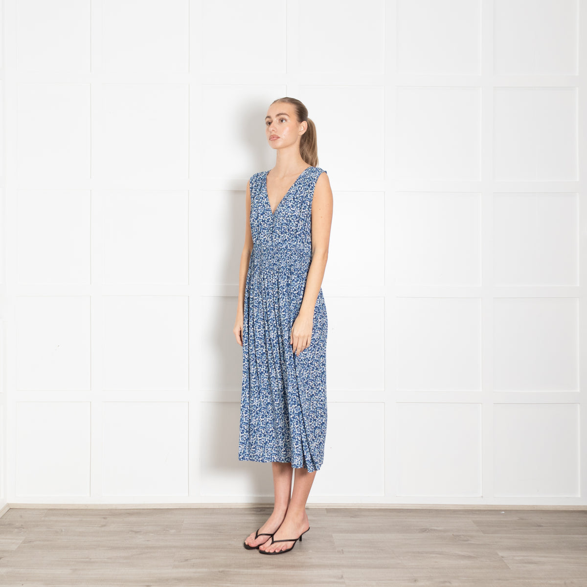 Rails Blue Floral Smock Waist Midi Dress