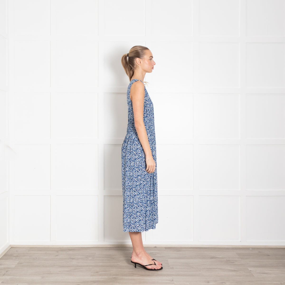 Rails Blue Floral Smock Waist Midi Dress