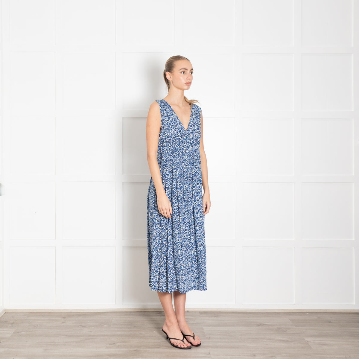 Rails Blue Floral Smock Waist Midi Dress