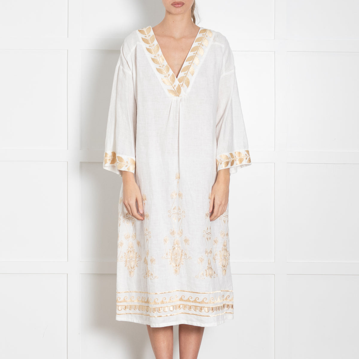Aether White Linen Tunic Dress with Gold Tone Embroidery