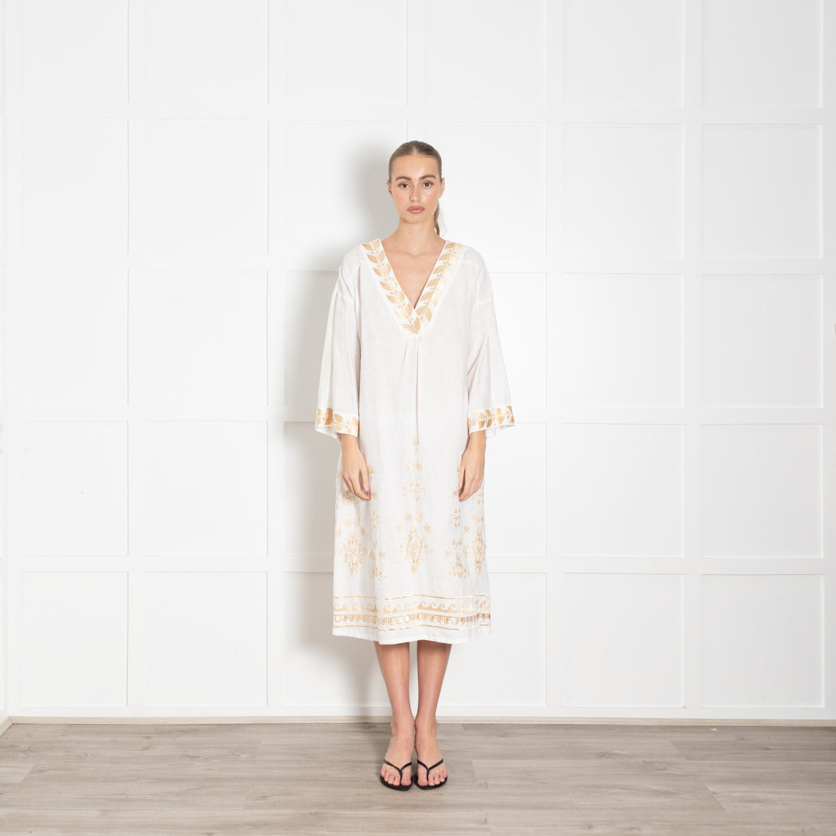 Aether White Linen Tunic Dress with Gold Tone Embroidery