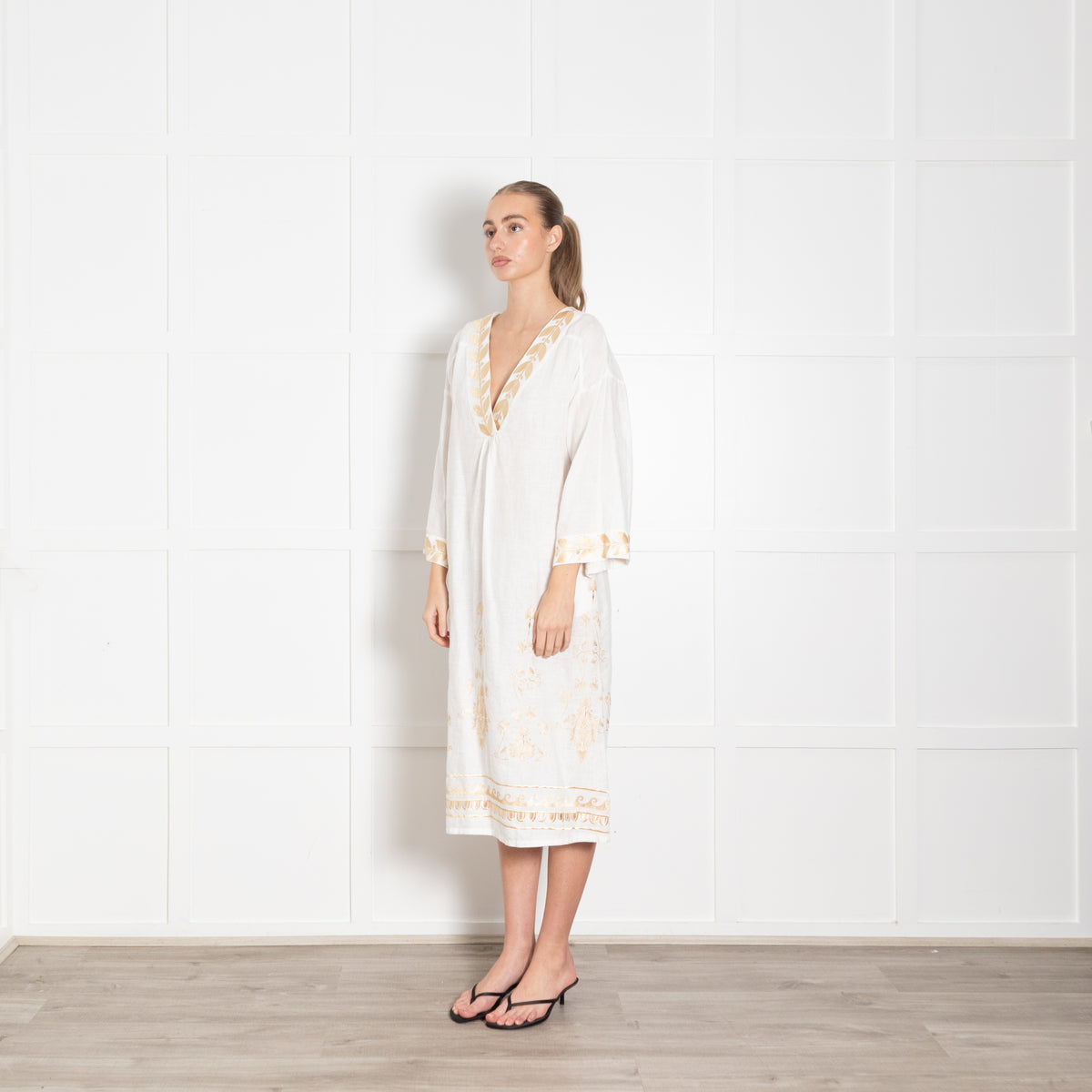 Aether White Linen Tunic Dress with Gold Tone Embroidery