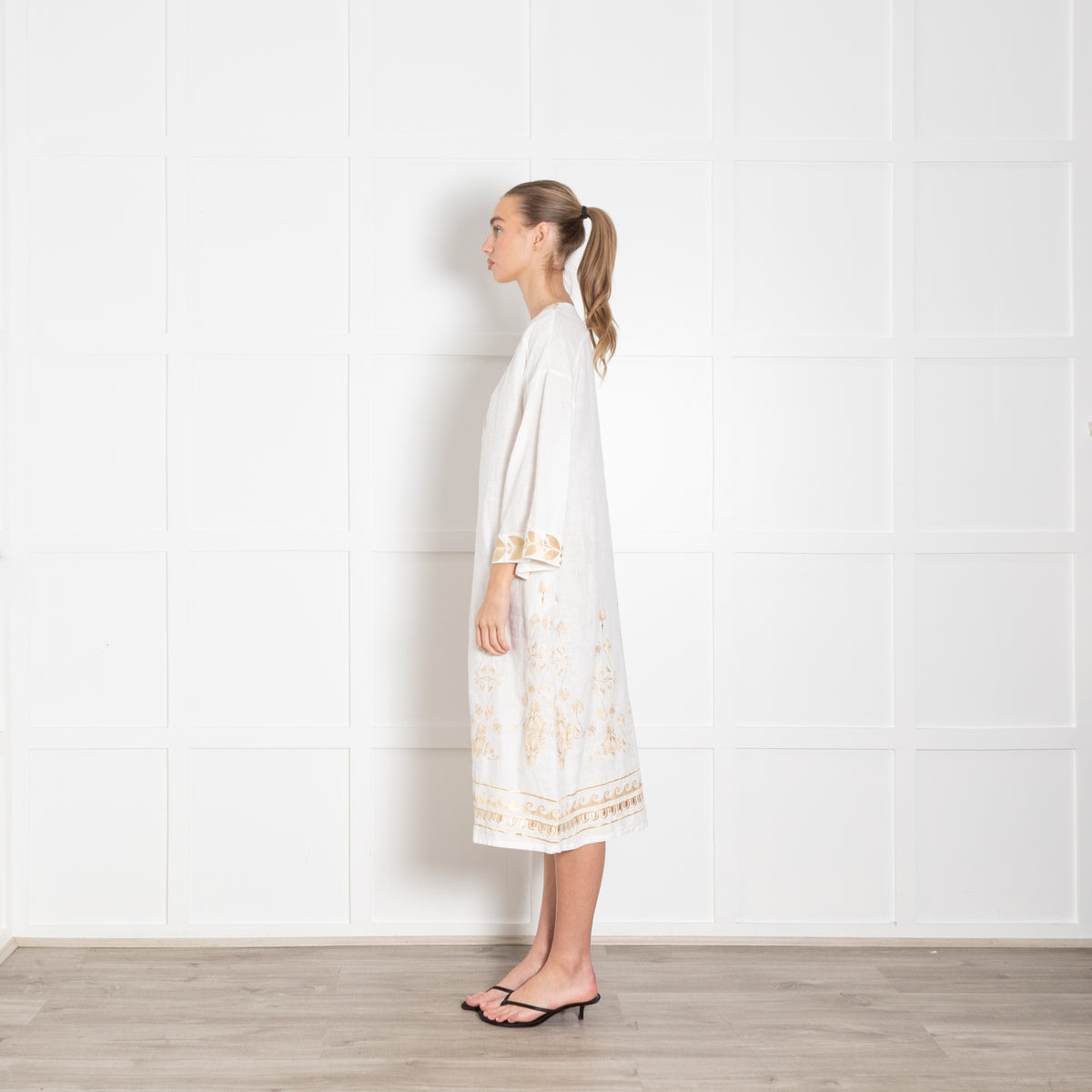 Aether White Linen Tunic Dress with Gold Tone Embroidery
