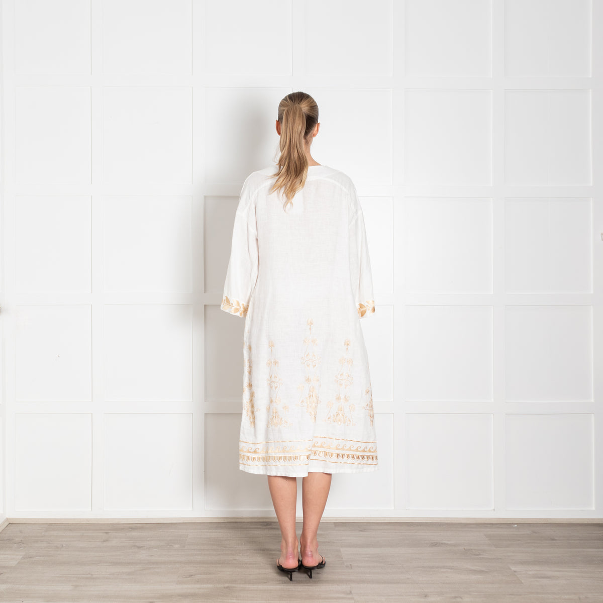 Aether White Linen Tunic Dress with Gold Tone Embroidery