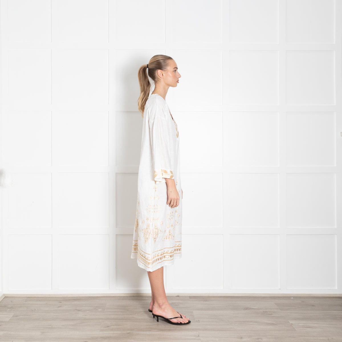 Aether White Linen Tunic Dress with Gold Tone Embroidery