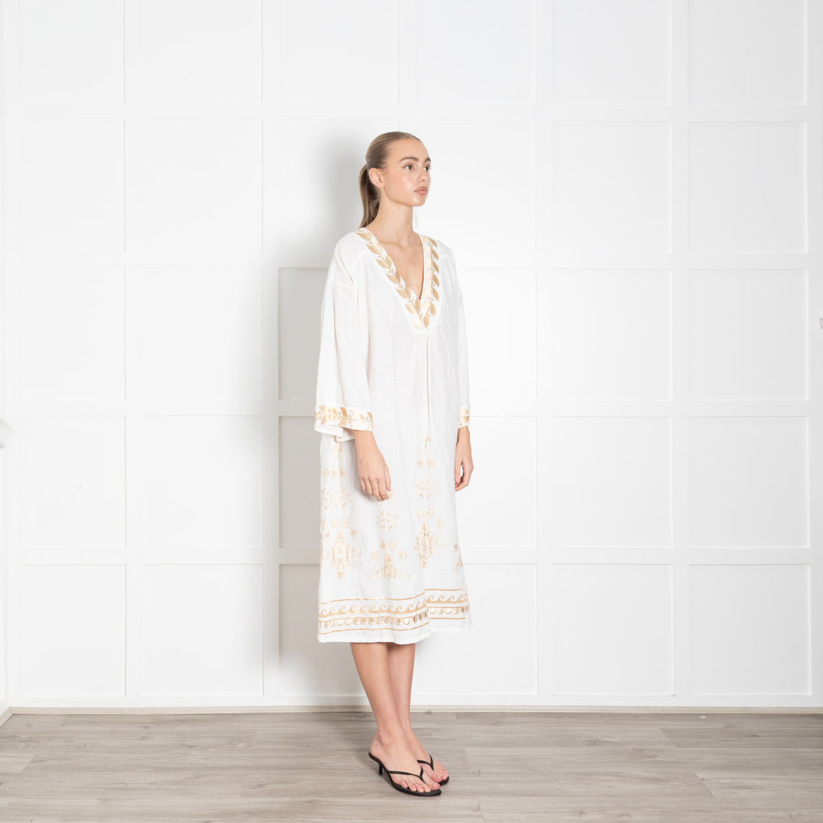 Aether White Linen Tunic Dress with Gold Tone Embroidery