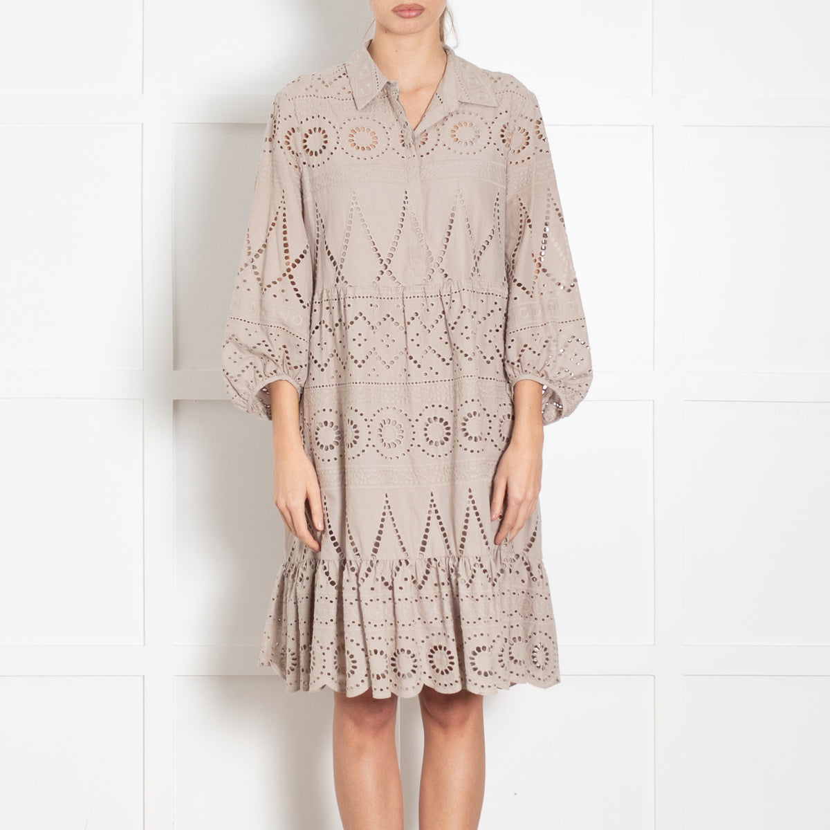 Luisa Cerano Taupe Broderie Short Dress