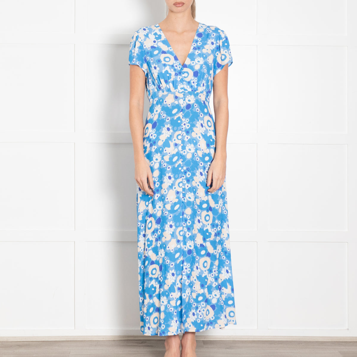 Rixo Blue Floral Aspen Button Up Tea Dress