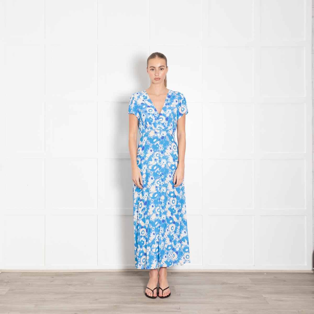 Rixo Blue Floral Aspen Button Up Tea Dress