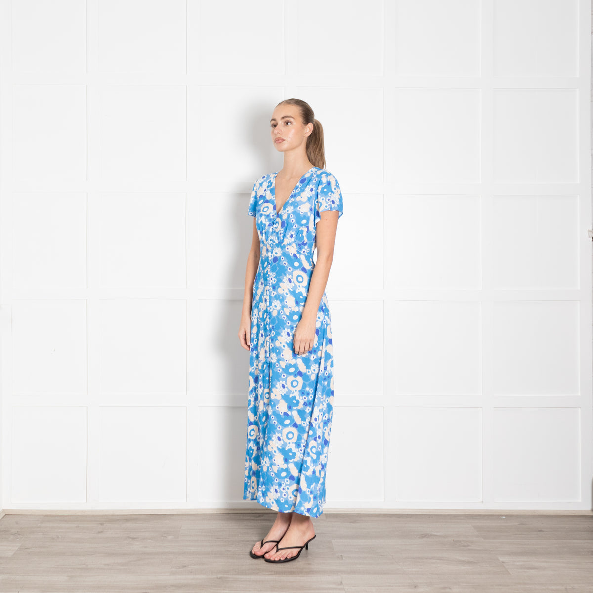 Rixo Blue Floral Aspen Button Up Tea Dress