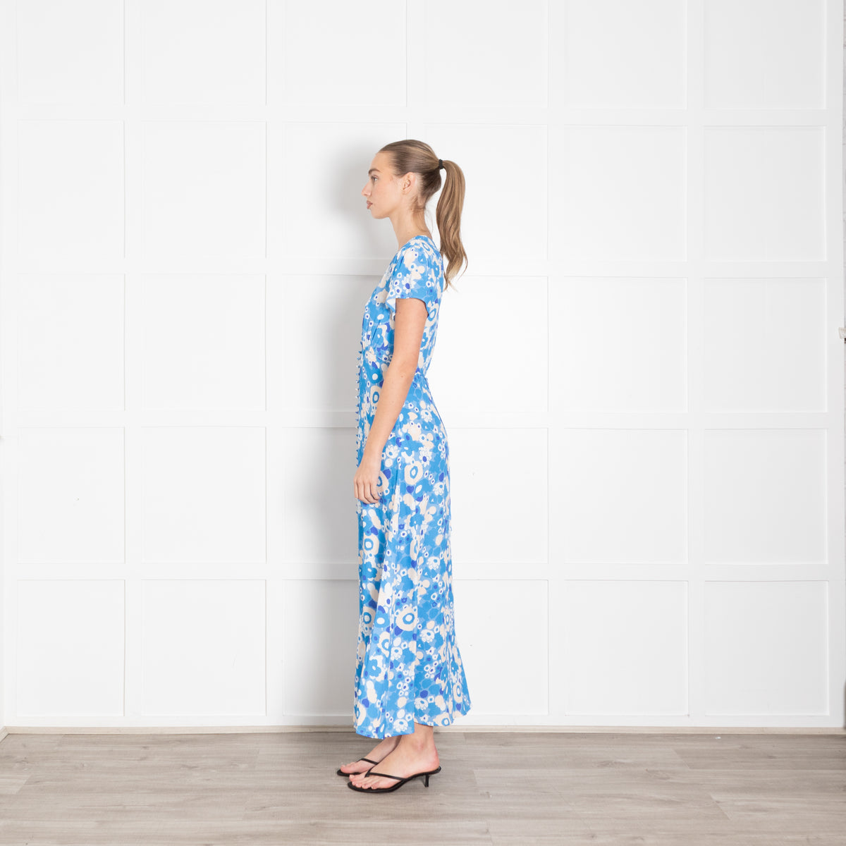 Rixo Blue Floral Aspen Button Up Tea Dress